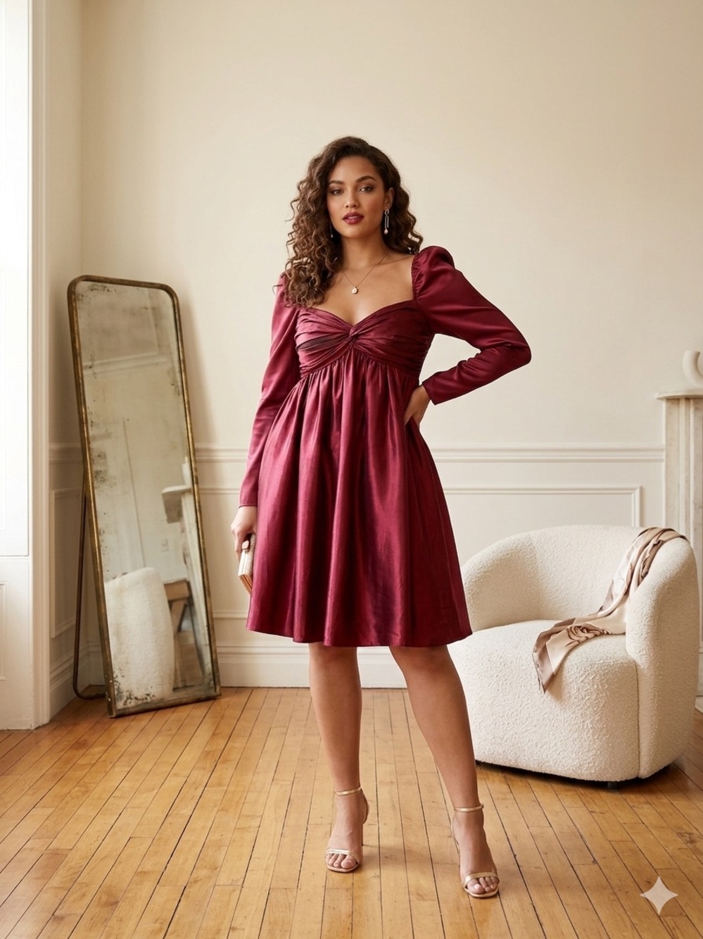 Inewer Plum Long-Sleeve Twist-Front A-Line Dress